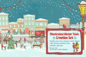 冬天的欧美小镇手绘设计素材 Illustrated Winter Town Creation Set