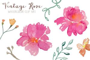 复古风格水彩玫瑰花剪贴画艺术 Vintage Rose Watercolor Clip Art