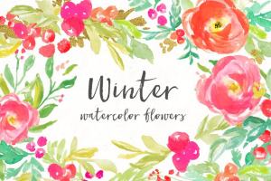 冬季水彩花卉艺术剪贴画 Winter Watercolor Flowers Clip Art