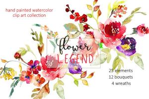 红牡丹花水彩剪切画（元素、花束&花圈） Watercolor Red Peony Flowers Clipart