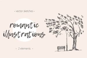 树木、路灯与排椅素描剪影 Two romantic illustrations