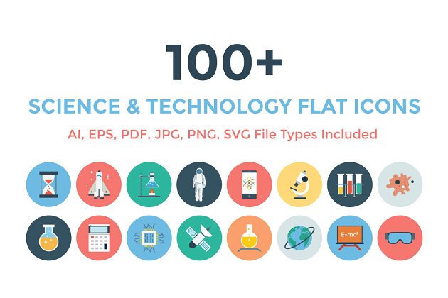 100+自然科学主题扁平化图标 100+ Science & Technology Flat Icons