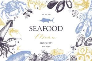 传统海鲜插图和菜单矢量设计 Vector Seafood Menu Design
