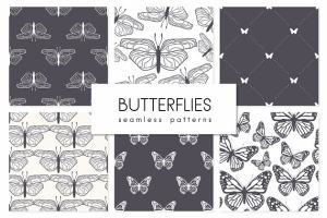 蝴蝶图案无缝纹理 Butterflies. Seamless Patterns Set