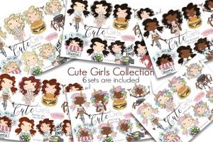 可爱女孩和独角兽女孩卡通形象插画 Cute Girls & Unicorn Girl Collection