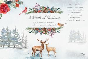 圣诞主题设计素材包（独立对象、背景、花卉等） Christmas Graphics – Woodland