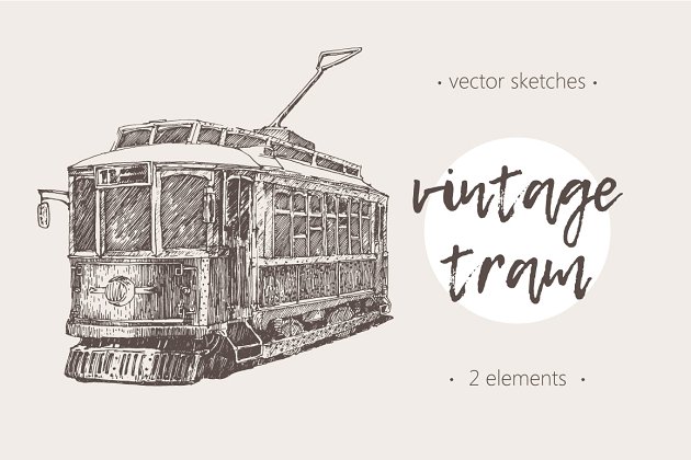复古火车素描画剪贴画 Two illustrations of vintage trams