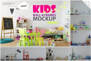 儿童主题室内墙纸设计展示和相框画框样机 Kids Interior Wall & Frames Mockup 1