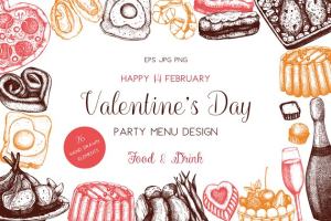 情人节主题配色食品和饮料手绘插画 Food & Drinks for Valentine’s Day