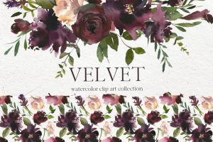 天鹅绒-水彩花卉剪贴画 Velvet – Watercolor Floral Clip Art