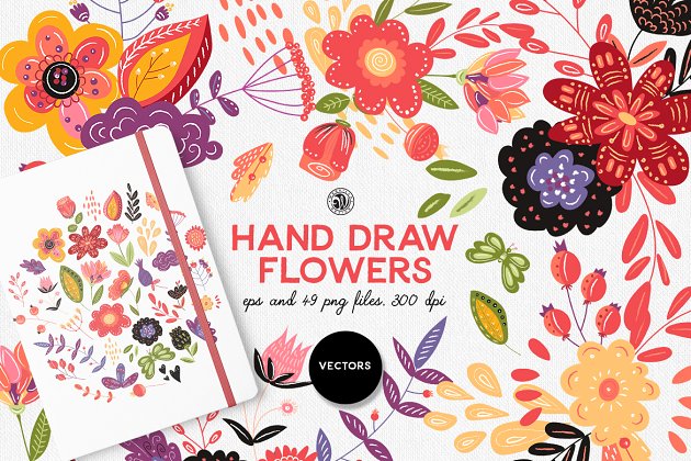 手绘艺术花卉剪贴画 Hand Draw Flowers