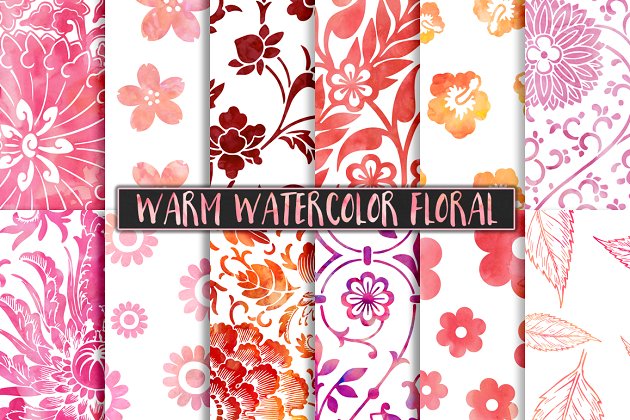 暖色调水彩花卉纹理背景 Warm Watercolor Floral Patterns