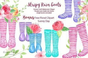 水彩条纹雨靴剪切画&水彩花卉 Watercolor Stripe Rain Boots