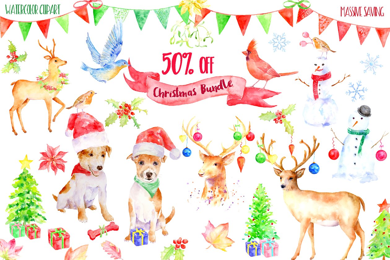 圣诞节主题水彩剪贴画合集 Christmas Clipart Bundle