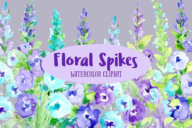 紫色水彩花穗花卉插画 Watercolor Floral Spikes Purple