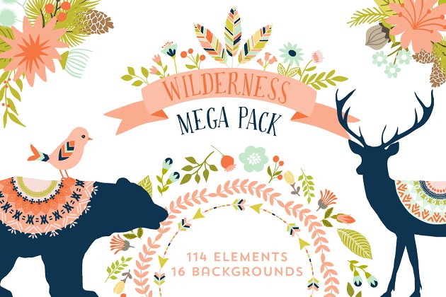 花卉，部落和自然主题矢量元素 Wilderness Mega Pack
