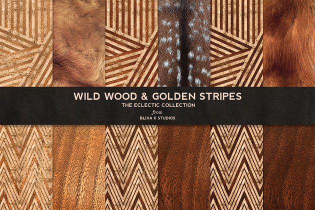 野生木材和金色条纹图案纹理合集 Wild Wood & Golden Stripes