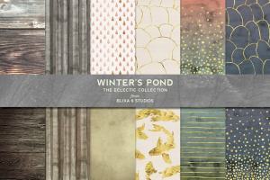 冬季池塘水彩与黄金纹理 Winter’s Pond Watercolor & Gold