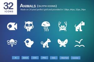 32个可爱单色动物轮廓图标 32 Animals Glyph Icons
