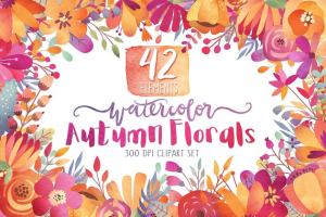 秋季色彩主题花卉设计剪贴画合集 Watercolor Autumn Florals Clipart