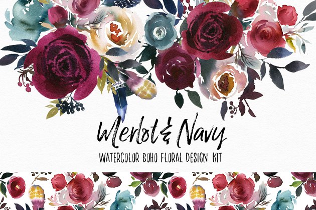 梅洛红&海军蓝水彩花卉设计素材包 Merlot & Navy Boho Floral Design Kit