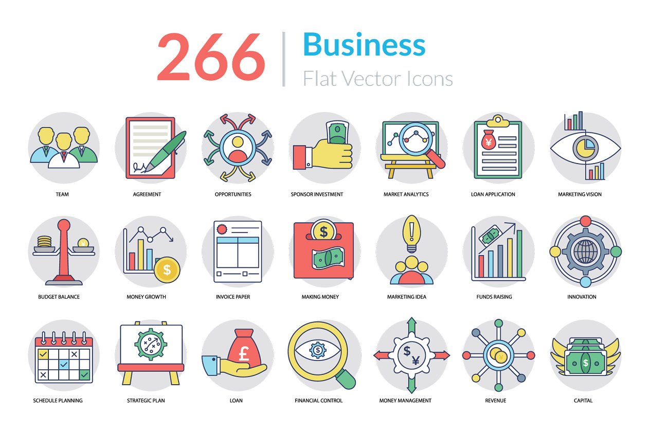 266枚扁平风商业图标 266 Flat Business Icons