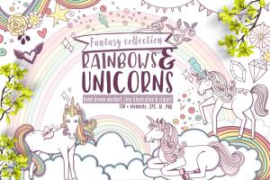 彩虹与独角兽梦幻世界插画元素 Rainbows & Unicorns