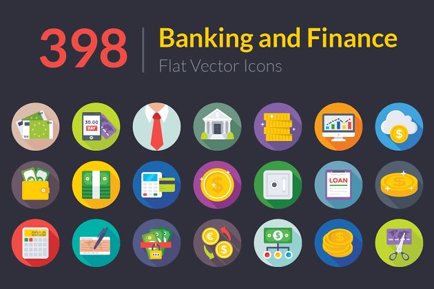 398个金融银行相关机构扁平化图标 398 Banking and Finance Flat Icons