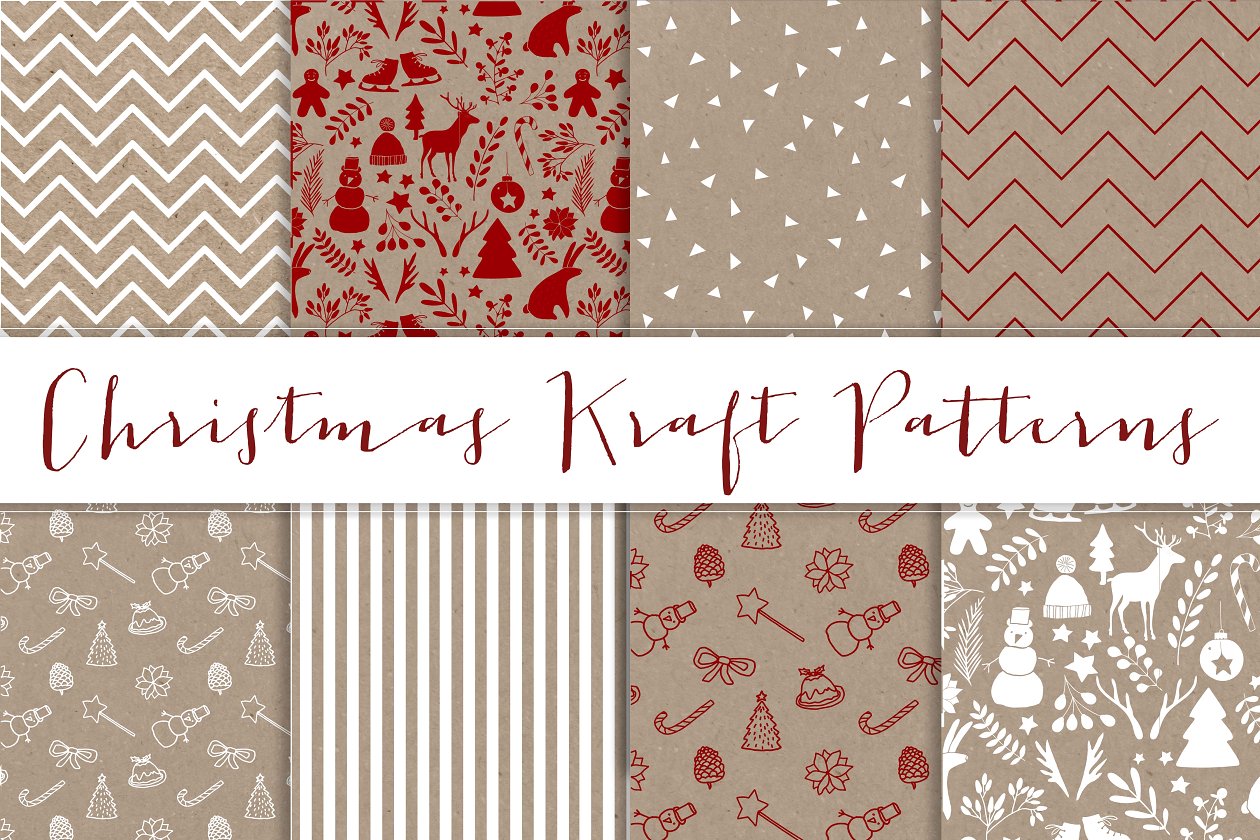 红白配色的圣诞主题牛皮纸张背景 Christmas Kraft patterns