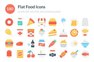 180枚美食食品主题扁平化设计图标下载 180 Flat Food Icons