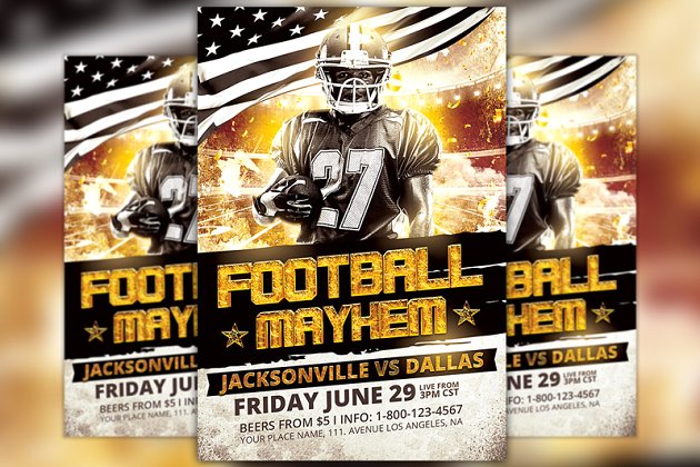 美式足球球类体育运动宣传传单模板 Football Mayhem Flyer Template