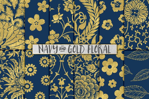 海军蓝和金色花卉图案背景 Navy and Gold Floral Backgrounds