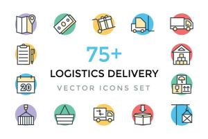 75+物流运输业彩色粗线条图标 Logistics Delivery Vector Icons