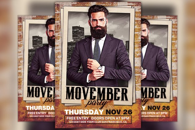 商务风格人物海报设计模板 Movember Party Flyer Template