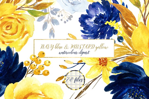海军蓝&芥末黄水彩花卉插画素材 Navy blue & mustard yellow flowers