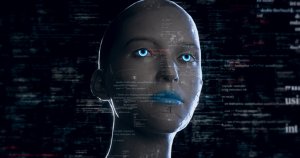 仿真机器人智能阅读编程代码高清背景视频 Humanoid Android Robot With Artificial Intelligence Reading Programming Codes
