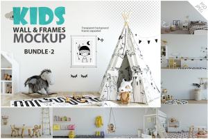 儿童主题卧室墙纸设计&相框样机 Interior KIDS WALL & FRAMES Mockup 2