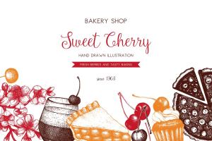 墨水手绘烘焙樱桃甜点矢量插图合集 Cherry Desserts & Baking Set