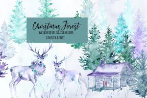 圣诞节奇幻森林水彩插画 Watercolor Christmas Forest