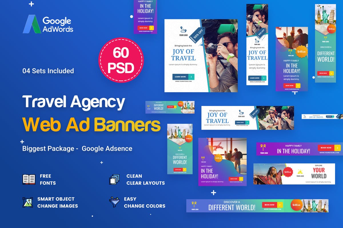45款旅游旅行代理行业Banner广告PSD模板 Travel Agency Banner Ads – 45 PSD [03 Sets]