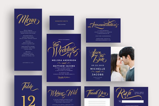 现代风格金蓝配色婚礼邀请函模板集 Modern gold blue calligraphy invites