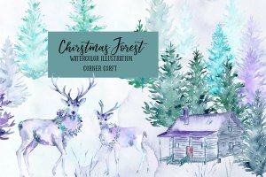 水彩圣诞森林插画合集 Watercolor Christmas Forest
