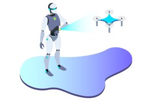 机器人控制无人机等距概念插画 Robot Control Drone Isometric Illustration