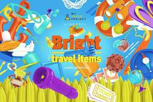 Bright Travel Items Scene Generator卡通风格的旅游物品展示样机下载 1.38 GB[psd]