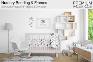 高品质的婴儿床 & 90个相框展示样机下载 Nursery Crib Wall & 90 Frames [psd]