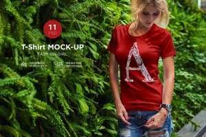 时尚模特上身效果T恤服装样机模板 T-Shirt Mock-Up Fashion Girl