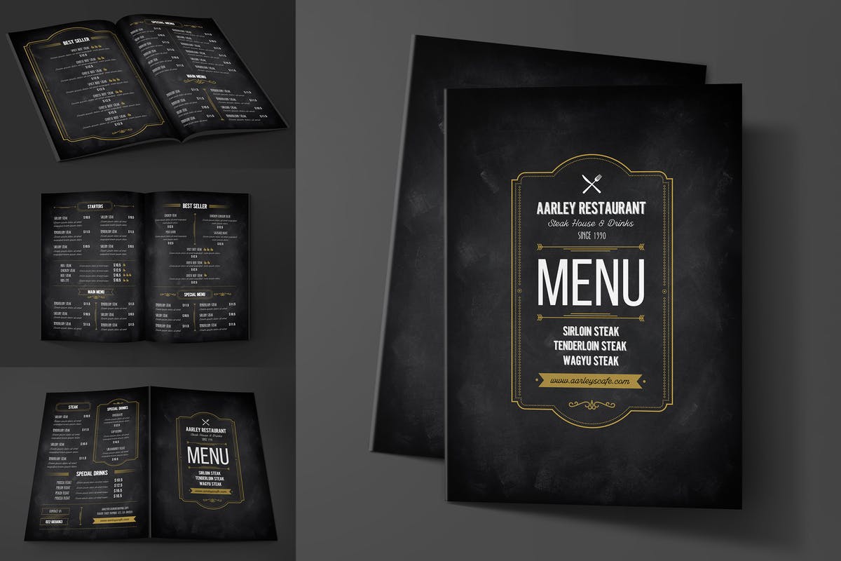 黑色高端西餐菜单食谱设计PSD模板 Blackboard Restaurant Menu