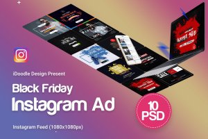 黑色星期五购物节Instagram社交广告Banner设计模板 Black Friday Instagram Banners Ads – 10PSD