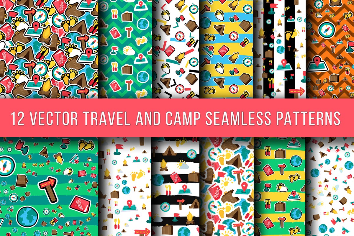 旅行和露营主题图案无缝纹理 Travel And Camping Seamless Patterns