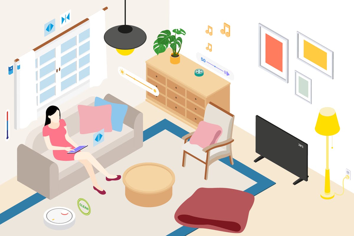 智能家居等距概念插图v2 Smart Home Livingroom Isometric Illustration